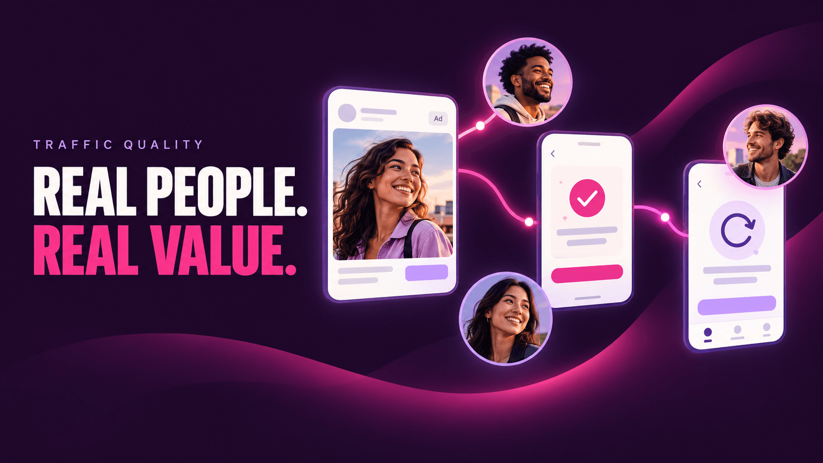 Real People. Real Value. A mobile ad connects to app activity and a return-visit symbol, with illustrated users in plum and magenta.