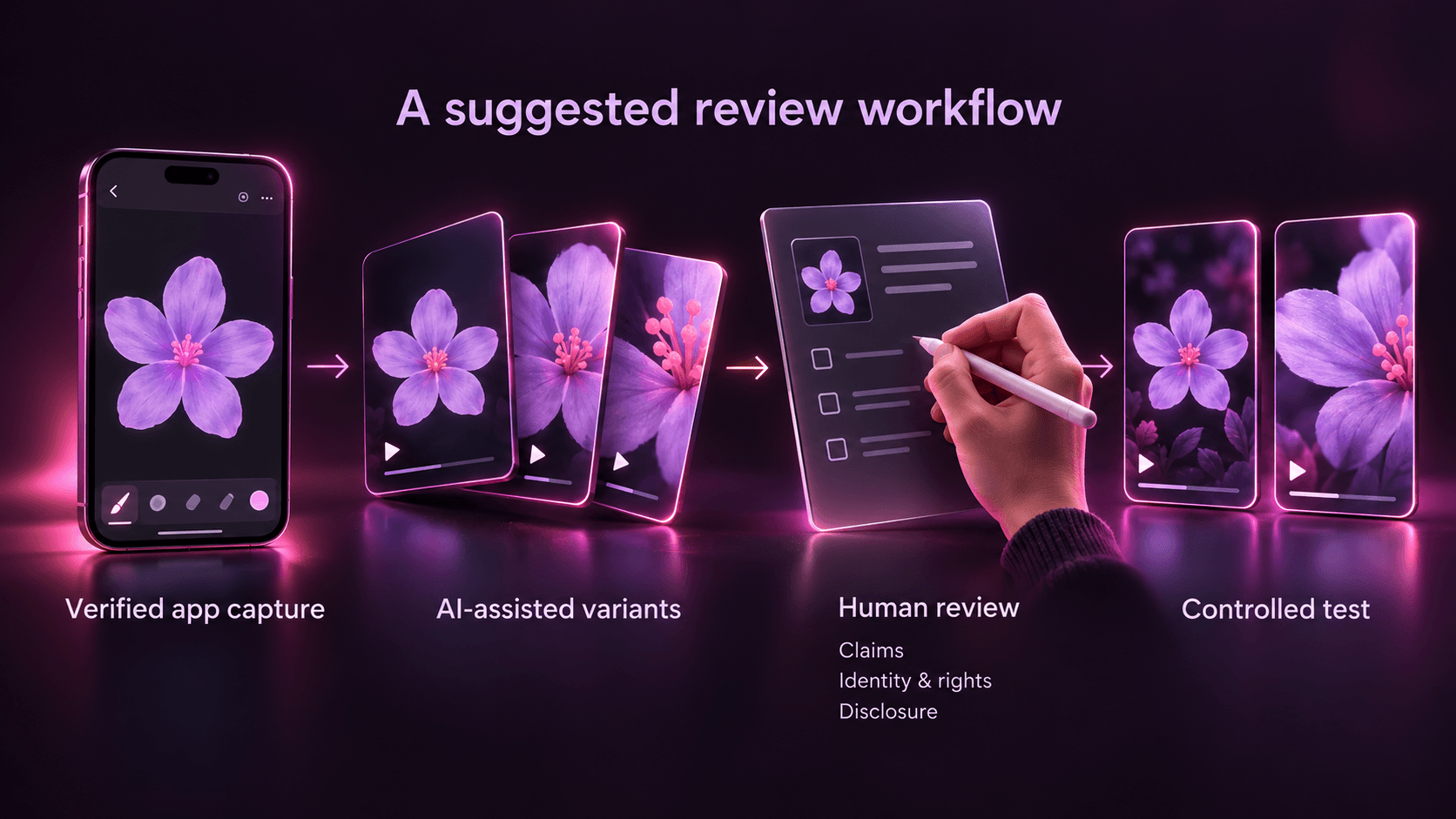 Suggested workflow: verified app capture, AI-assisted variants, human review of claims, identity and rights, and disclosure, then a controlled test.