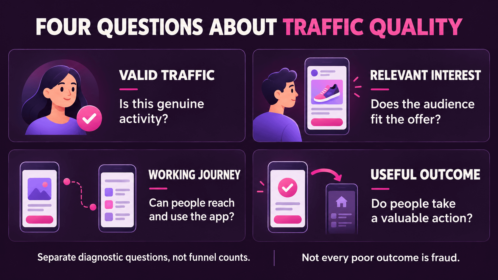 Four traffic-quality questions: valid activity, relevant interest, a working journey, and a useful outcome. These are separate checks; a poor outcome does not prove fraud.