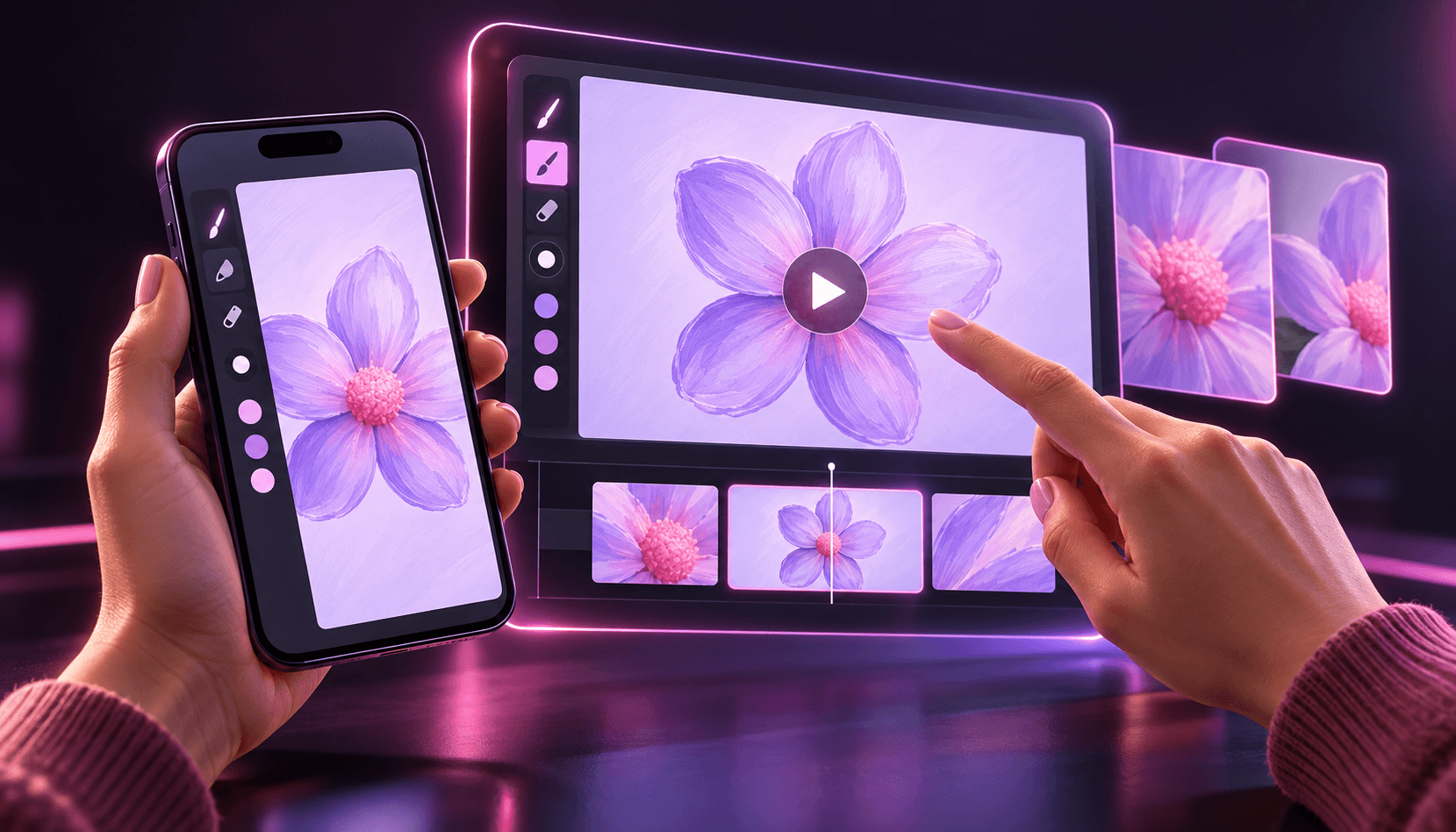 Illustrated reviewer compares a fictional drawing app on a phone with matching video-ad creative.